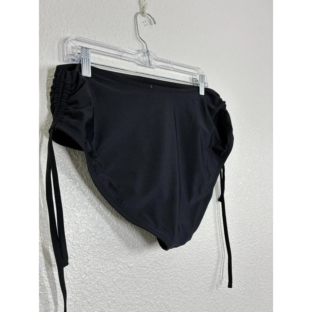 BCBG Paris Bikini Swim Bottom Womens XL Black High Waisted Ruched Side Ties